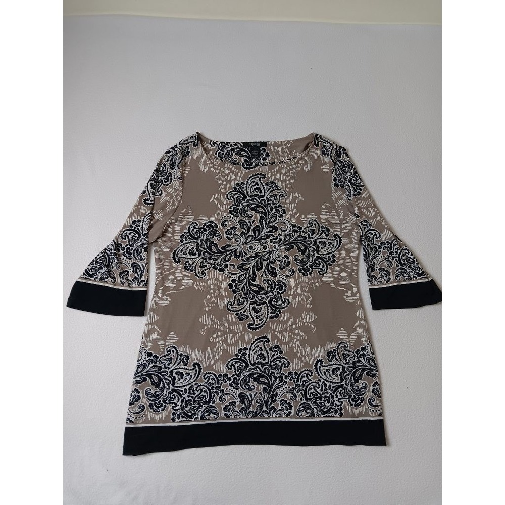 Style & Co Petite Women's L Paisley Print Tunic Top 3/4 Bell Sleeve Tan Black